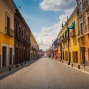 Historic buildings on empty street in Puebla, MX